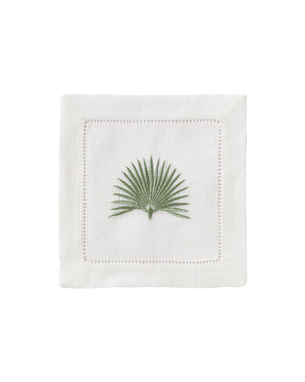 pink house mustique Embroidered Linen 4 Cocktail Napkins FAN PALM