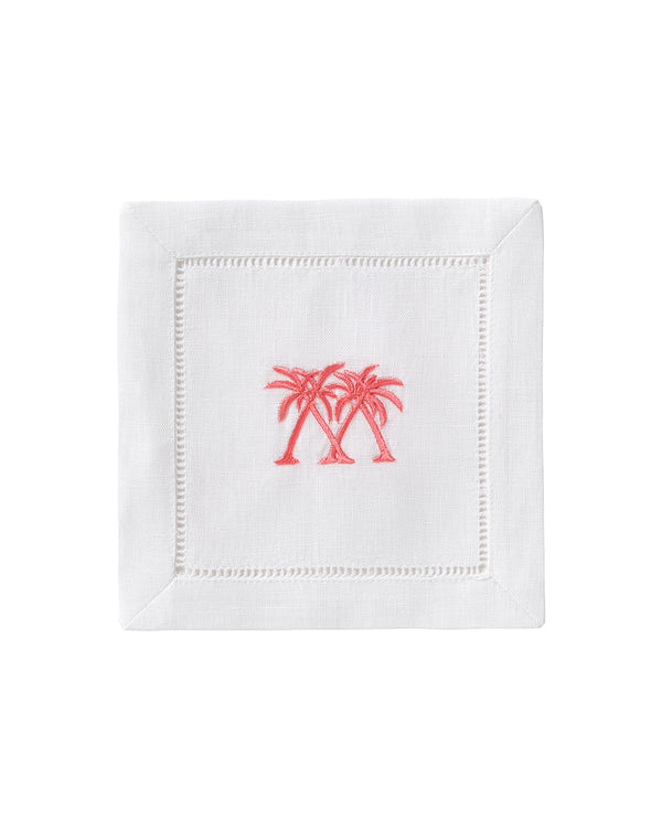 pink house mustique Embroidered Linen 4 Cocktail Napkins PALMS