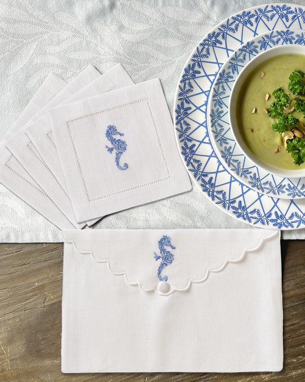 Pink House Mustique Embroidered Linen 4 Cocktail Napkins SEAHORSE