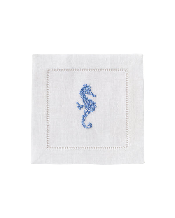 pink house mustique Embroidered Linen 4 Cocktail Napkins SEAHORSE