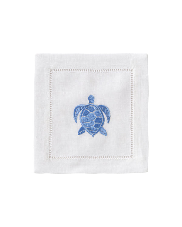 Pink House Mustique Embroidered Linen 4 Cocktail Napkins TURTLE
