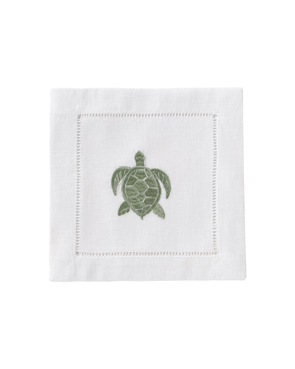 Pink House Mustique Embroidered Linen 4 Cocktail Napkins TURTLE