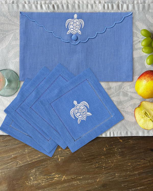 Pink House Mustique Embroidered Linen 4 Cocktail Napkins TURTLE