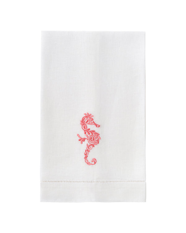 Pink House Mustique Embroidered Linen 4 Hand Towels SEAHORSE