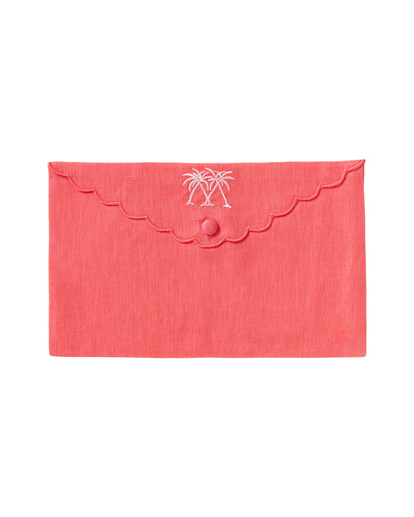 pink house mustique Embroidered Linen Envelope Bag PALMS