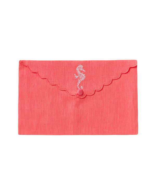 Pink House Mustique Embroidered Linen Envelope Bag SEAHORSE