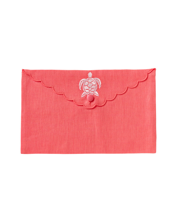 Pink House Mustique Embroidered Linen Envelope Bag TURTLE
