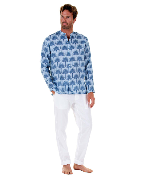 Pink House Mustique Linen Collarless Shirt FAN PALM