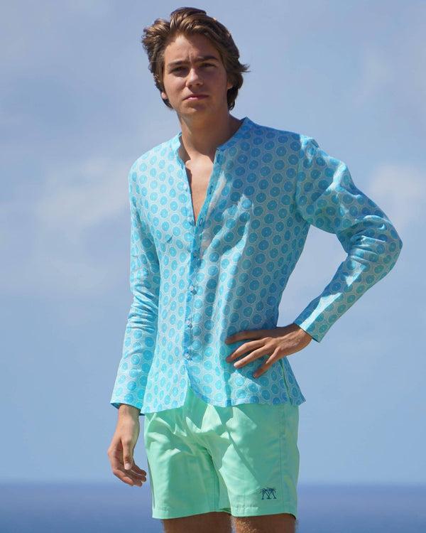 Pink House Mustique Linen Collarless Shirt LIME SLICE