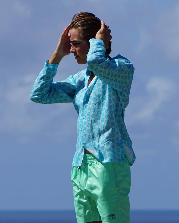 Pink House Mustique Linen Collarless Shirt LIME SLICE