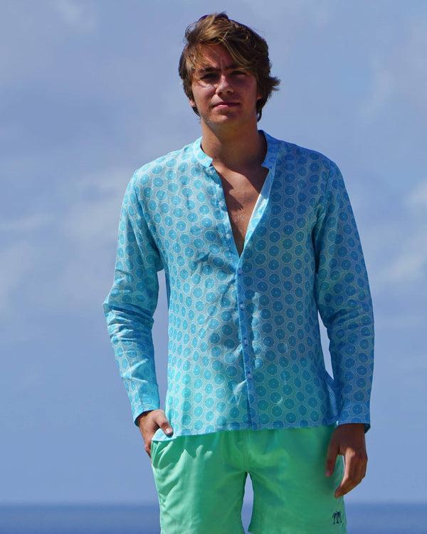 Pink House Mustique Linen Collarless Shirt LIME SLICE