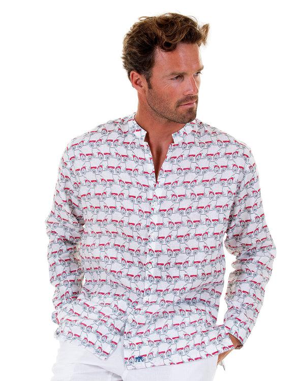 Pink House Mustique Linen Collarless Shirt MUSTIQUE MULE