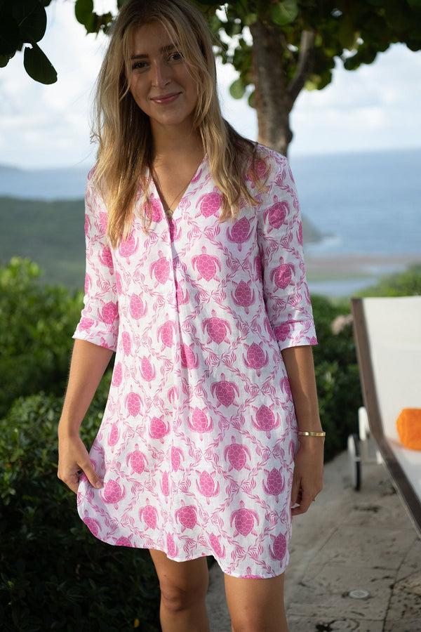 pink house mustique Linen Decima Dress TURTLE TRELLIS