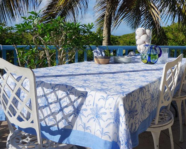 pink house mustique Lotty B Tablecloth & Napkin set: PLANTATION - BLUE / WHITE