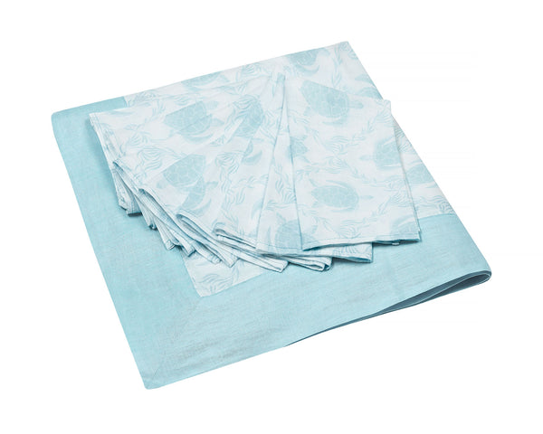 Pink House Mustique Lotty B Tablecloth & Napkin Set: TURTLE TRELLIS - AQUA