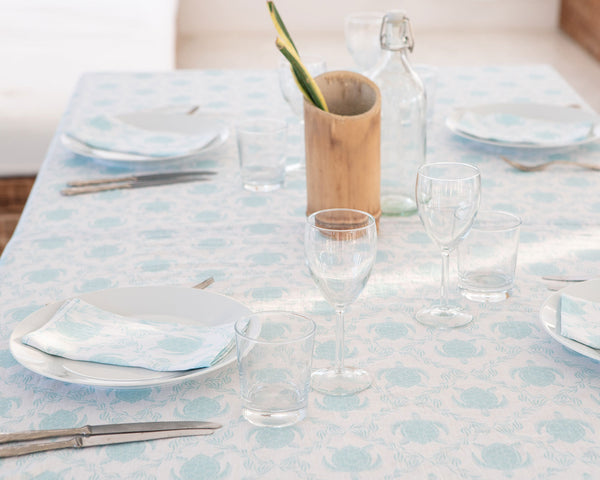 pink house mustique Lotty B Tablecloth & Napkin set: TURTLE TRELLIS - AQUA