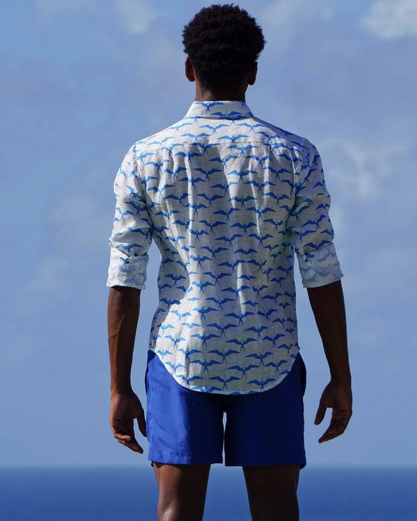 Pink House Mustique Mens Linen Shirt: FRIGATE BIRD - BLUE / TURQUOISE