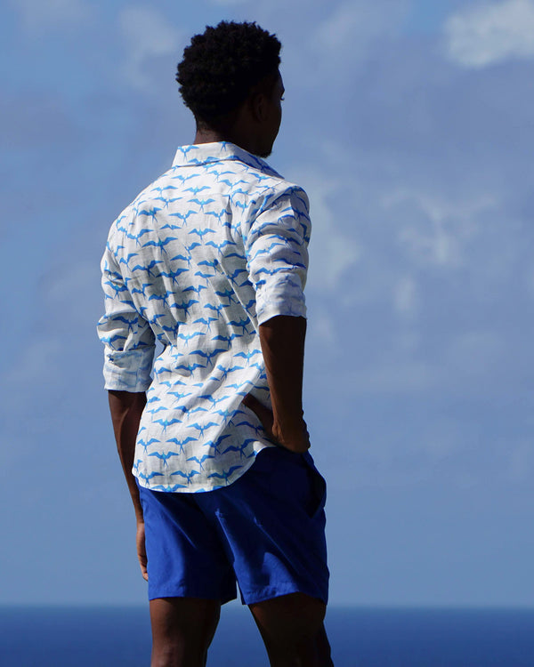 Pink House Mustique Mens Linen Shirt: FRIGATE BIRD - BLUE / TURQUOISE