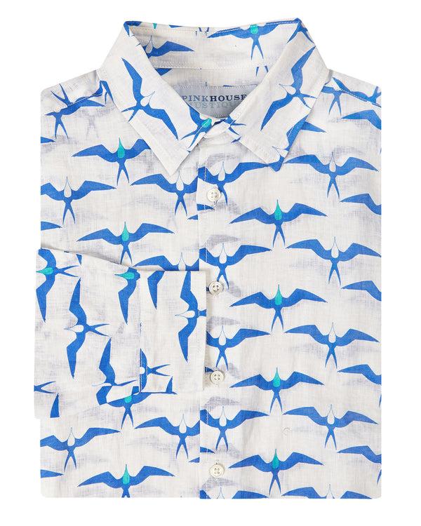 pink house mustique Mens Linen Shirt: FRIGATE BIRD - BLUE / TURQUOISE