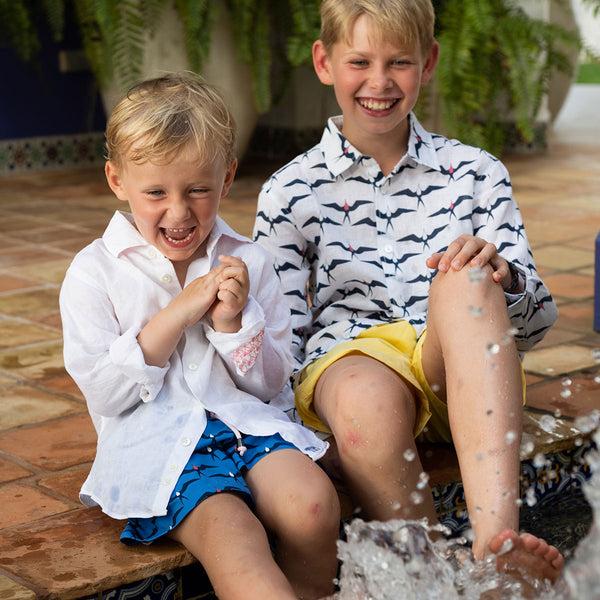 Pink House Mustique Kids' Linen Shirt FRIGATE BIRD