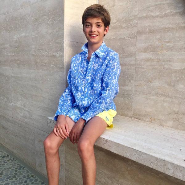 Pink House Mustique Kids' Linen Shirt HIBISCUS