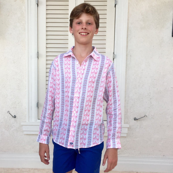 Pink House Mustique Kids' Linen Shirt PALM STRIPE