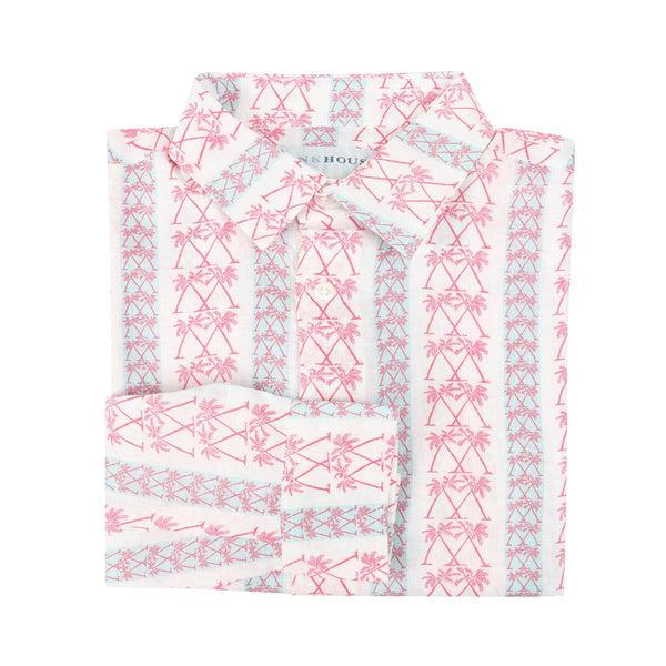 pink house mustique Kids' Linen Shirt PALM STRIPE