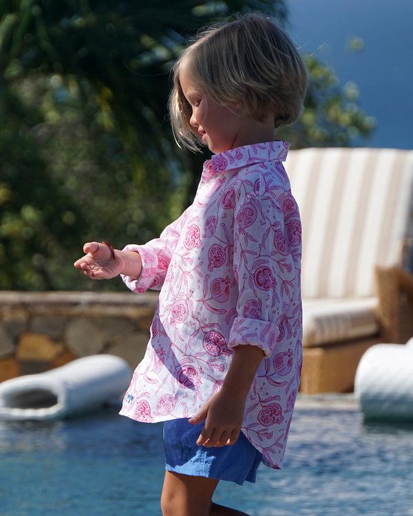 Pink House Mustique Kids' Linen Shirt POMEGRANATE
