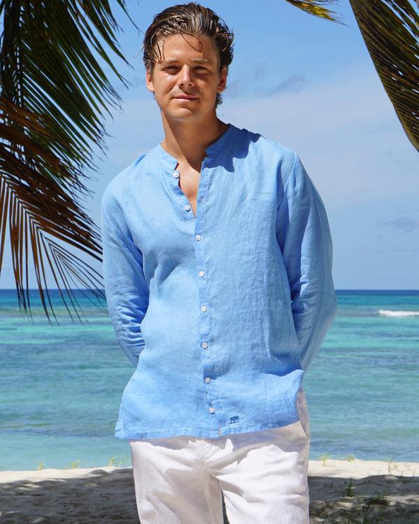 Pink House Mustique Linen Collarless Shirt