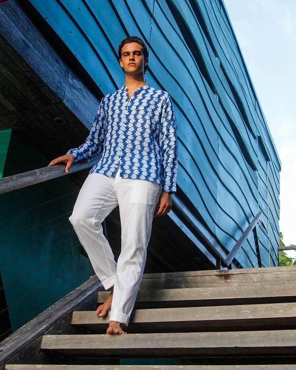 Pink House Mustique Linen Collarless Shirt FISH