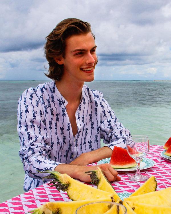 Pink House Mustique Linen Collarless Shirt GECKO