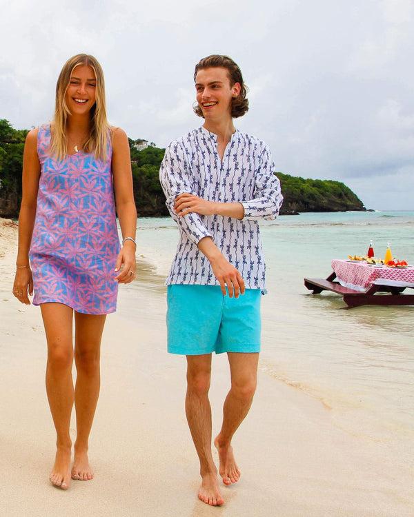 Pink House Mustique Linen Collarless Shirt GECKO