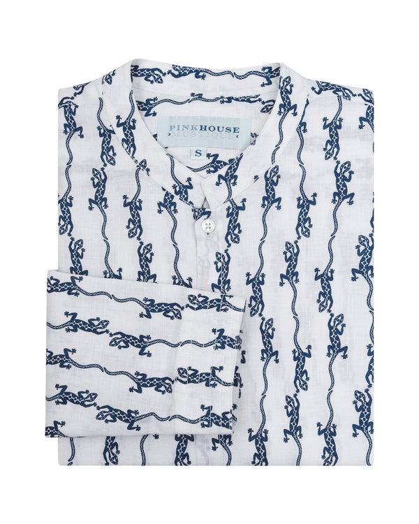 pink house mustique Linen Collarless Shirt GECKO