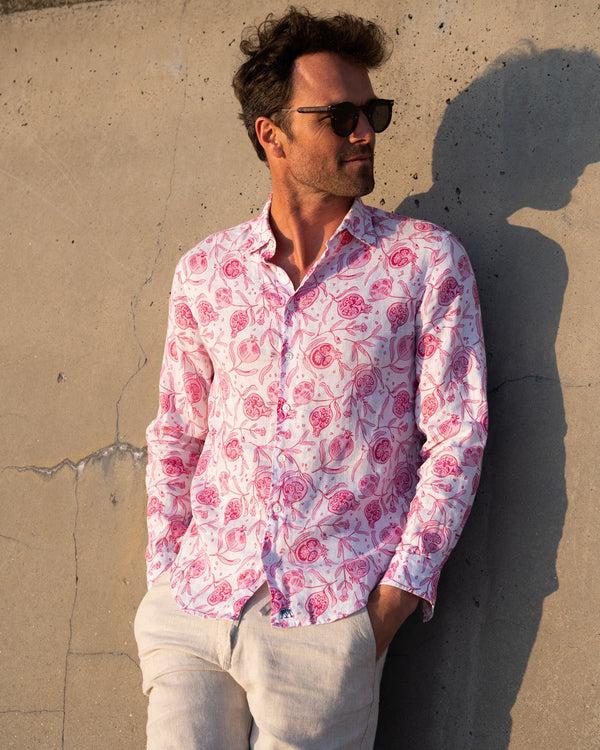 Pink House Mustique Linen Shirt POMEGRANATE