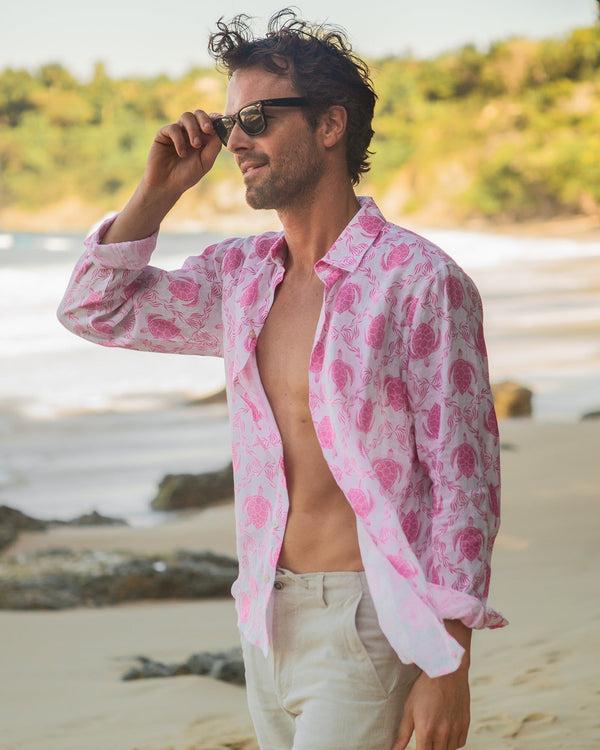 Pink House Mustique Linen Shirt TURTLE TRELLIS
