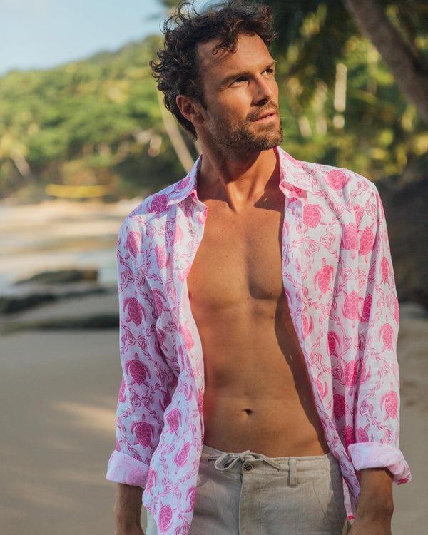 Pink House Mustique Linen Shirt TURTLE TRELLIS