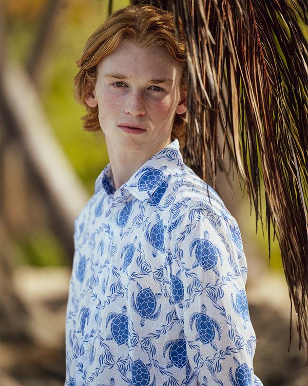 Pink House Mustique Linen Shirt TURTLE TRELLIS