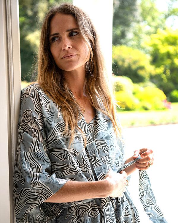 Pink House Mustique Silk Bed-to-Beach Robe WHALE