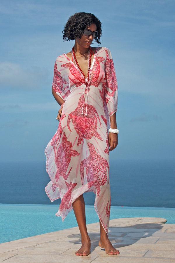 pink house mustique Silk Chiffon Lea Kaftan TURTLE