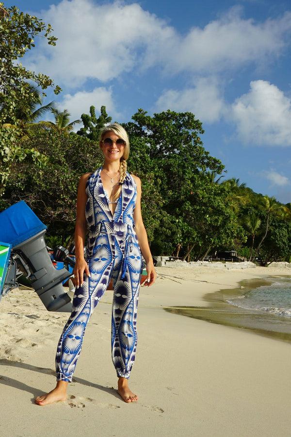 Pink House Mustique Silk Jumpsuit FAN PALM REPEAT