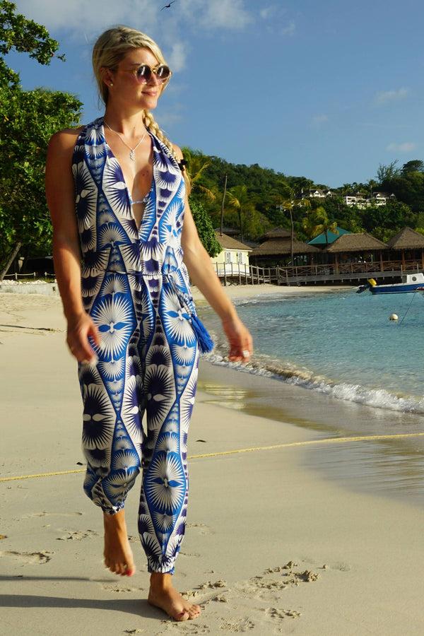 Pink House Mustique Silk Jumpsuit FAN PALM REPEAT