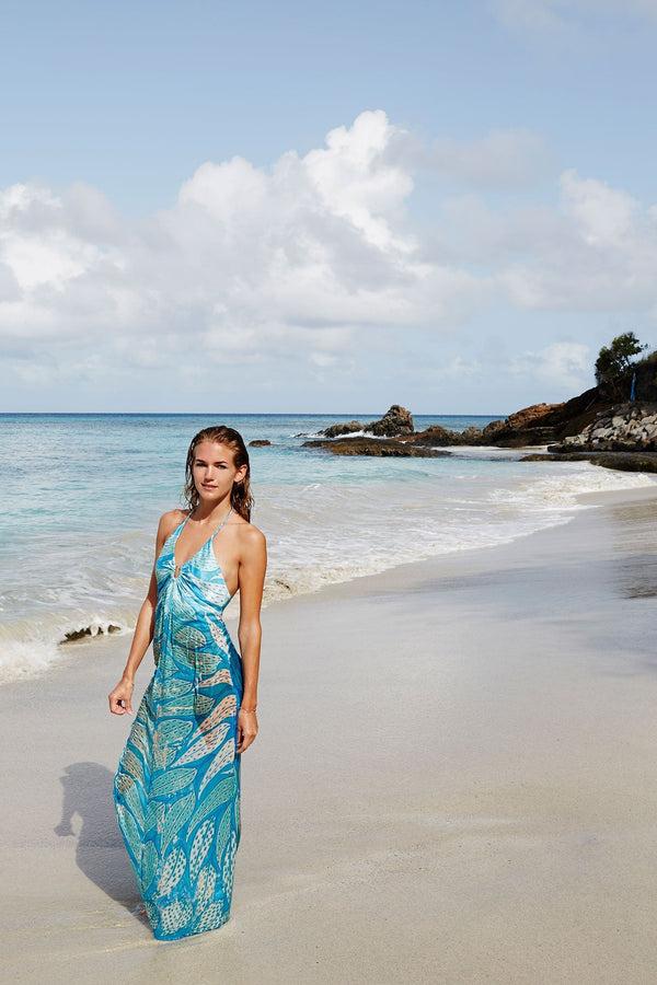 Pink House Mustique Silk Long Halter Dress LEAVES