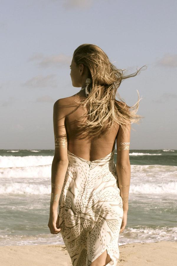 Pink House Mustique Silk Long Halter Dress LEAVES