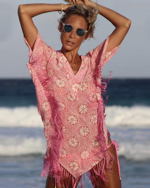 pink house mustique Silk Poncho SAND DOLLAR