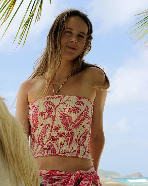 pink house mustique Silk Ruffle Bandeau Top PARROT