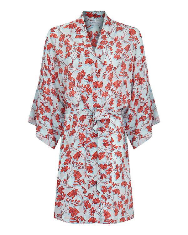 Pink House Mustique Silk Bed-to-Beach Robe FLAMBOYANT FLOWER