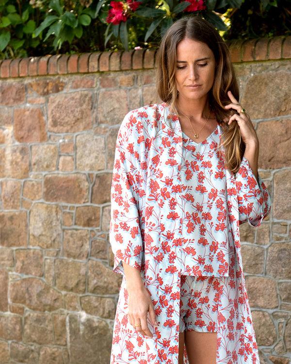 Pink House Mustique Silk Bed-to-Beach Top FLAMBOYANT FLOWER