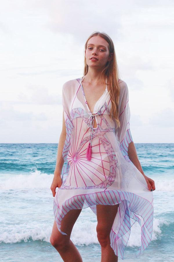pink house mustique Silk Chiffon Cosima Kaftan BICYCLE