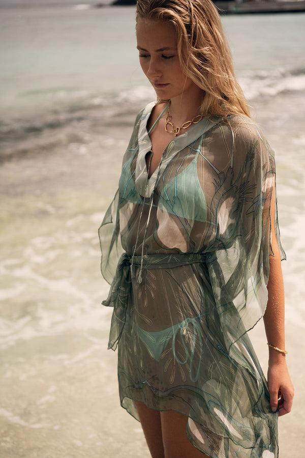 pink house mustique Silk Chiffon Cosima Kaftan EGRET