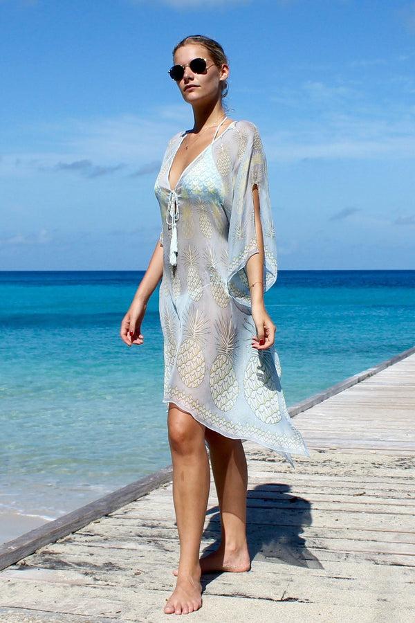 pink house mustique Silk Chiffon Cosima Kaftan PINEAPPLE